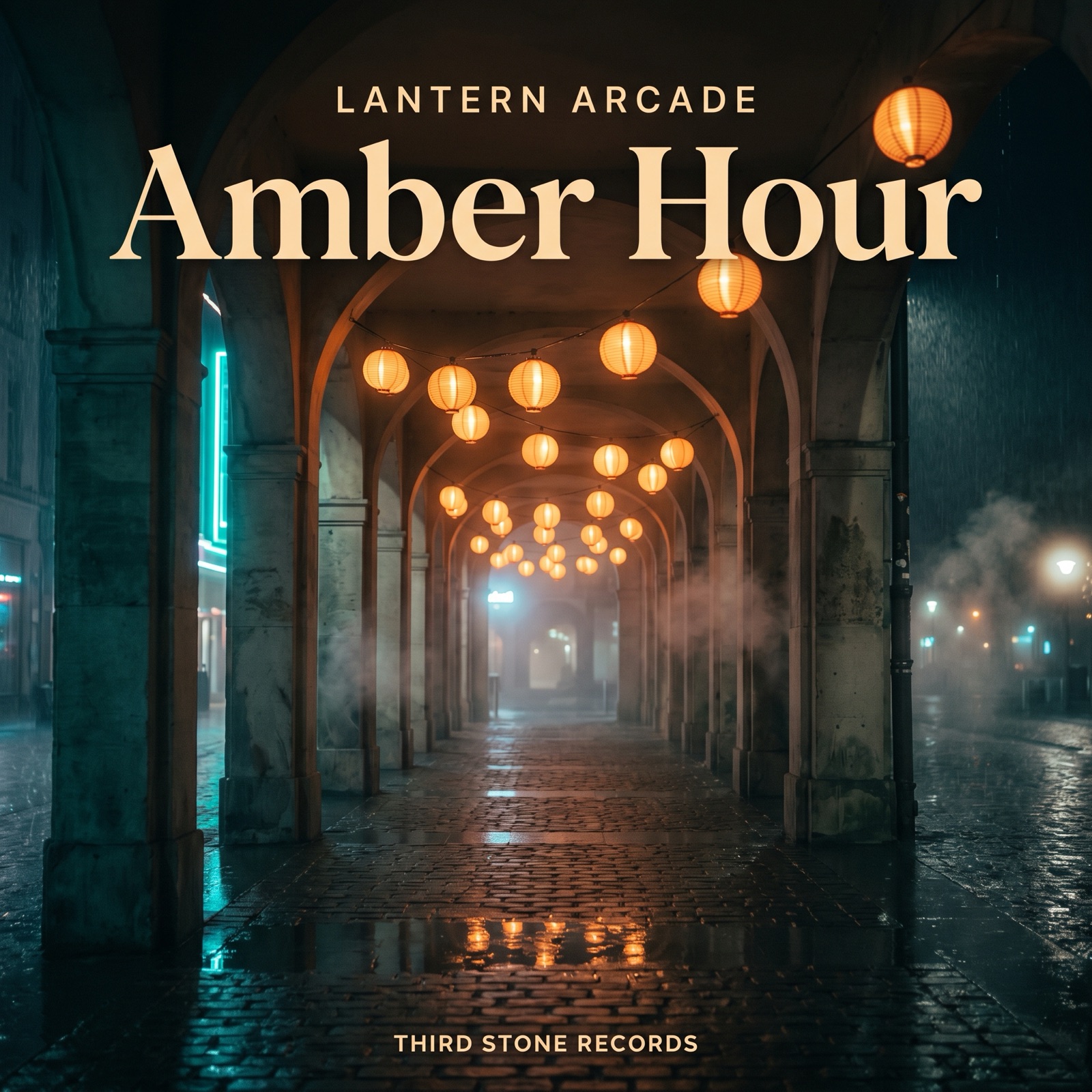 Amber Hour cover — a lantern-lit stone arcade at night, warm amber light reflected in rain-wet cobblestones.