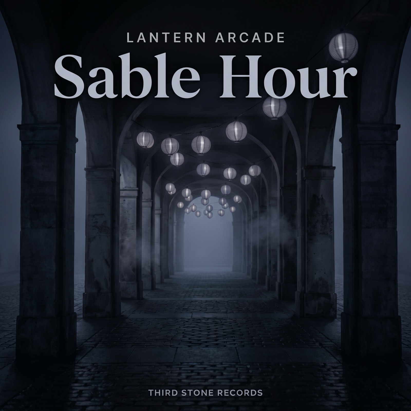 Sable Hour cover — a dim, fog-filled stone arcade at night, strung with glowing white paper lanterns receding into the mist over wet cobblestones.