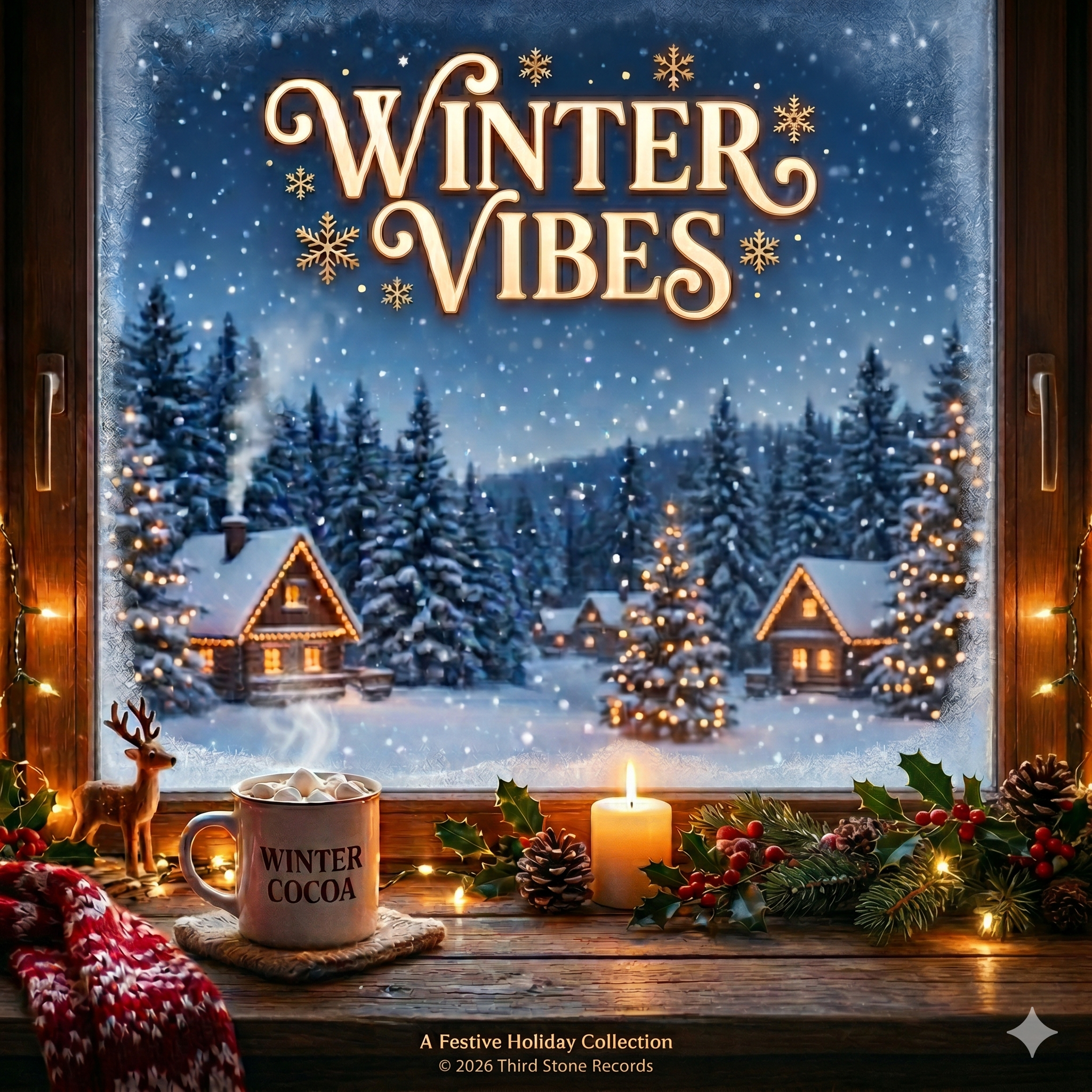 Winter Vibes cover — a frosted window looking out on snowy cabins and lit Christmas trees, a candle and a mug of cocoa on the sill.